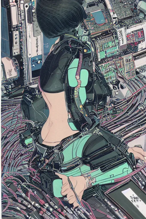 Prompt: an hyper-detailed cyberpunk illustration of a female android seated on the floor in a tech labor with bob cut, seen from the side with her body open showing cables and wires coming out, by masamune shirow, and katsuhiro otomo, japan, 1980s, centered, colorful