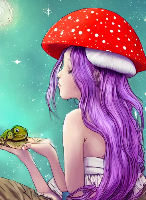 Image similar to a beautiful little girl wearing a mushroom hat sitting in her room petting a frog in her lap | | purple hair, pretty face, sharped details in celestial art style, trending on pixiv