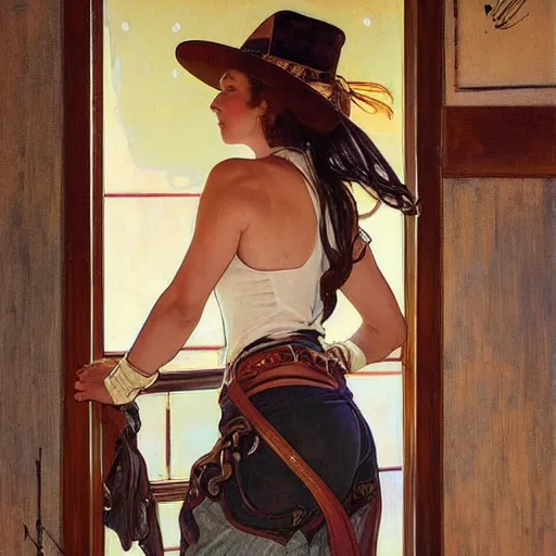 Prompt: painting of cowgirl leaning up against the door frame of saloon with one thumb hooked on belt loop art by artgerm and greg rutkowski and alphonse mucha