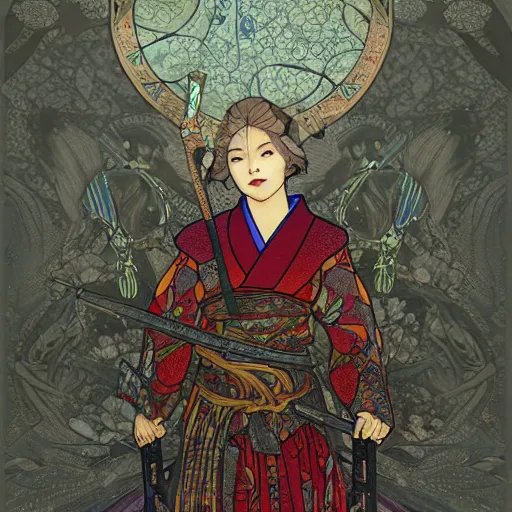 Prompt: a stained glass window of a female samurai, flaming katana, ominous nighttime storm, fantasy, d & d, intricate, elegant, highly detailed, digital painting, artstation, concept art, matte, sharp focus, illustration, art by john collier and albert aublet and krenz cushart and artem demura and alphonse mucha