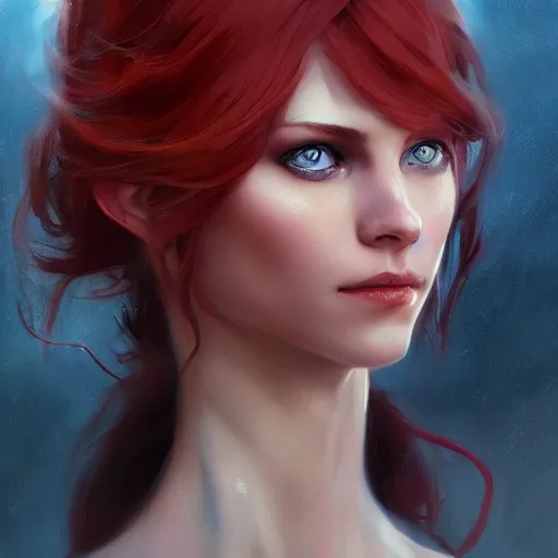 Prompt: A detailed matte oil on canvas portrait of a beautiful elven woman with blue red eyes and red hair by greg rutkowski and Charlie bowater, trending on artstationhd, dungeons and dragons art