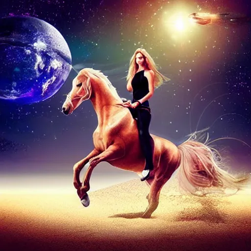 Image similar to beautiful women in bikini riding a horse through space, realistic, colorful, pretty