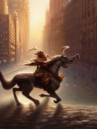 Prompt: a noble riding his chariot triumphantly into the city. intricate, elegant, highly detailed, digital painting, artstation, concept art, sharp focus, illustration, by justin gerard and artgerm, 8 k