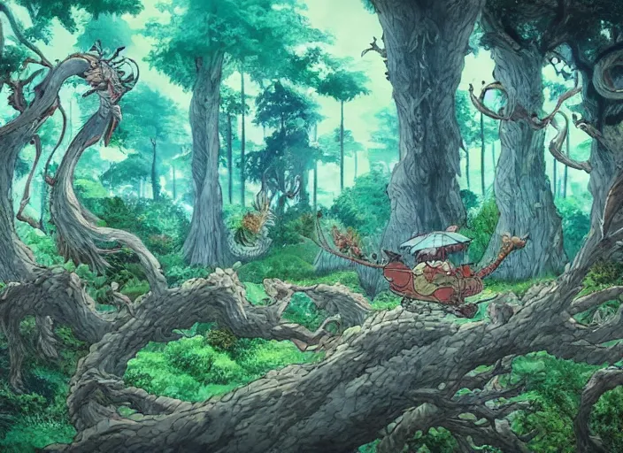 Prompt: Ancient magical forest with a flying a dragon, studio Ghibli style, highly detailed