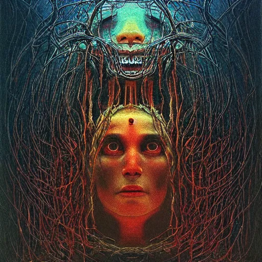 Prompt: a hallway with colored lights at the end, the face of a medusa appears and heads straight for the camera, intricate, highly detailed horror art by beksinski