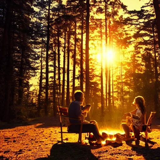 Prompt: sitting around the fire, forest, sea, highly detailed, cinematic, ray of golden sunlight