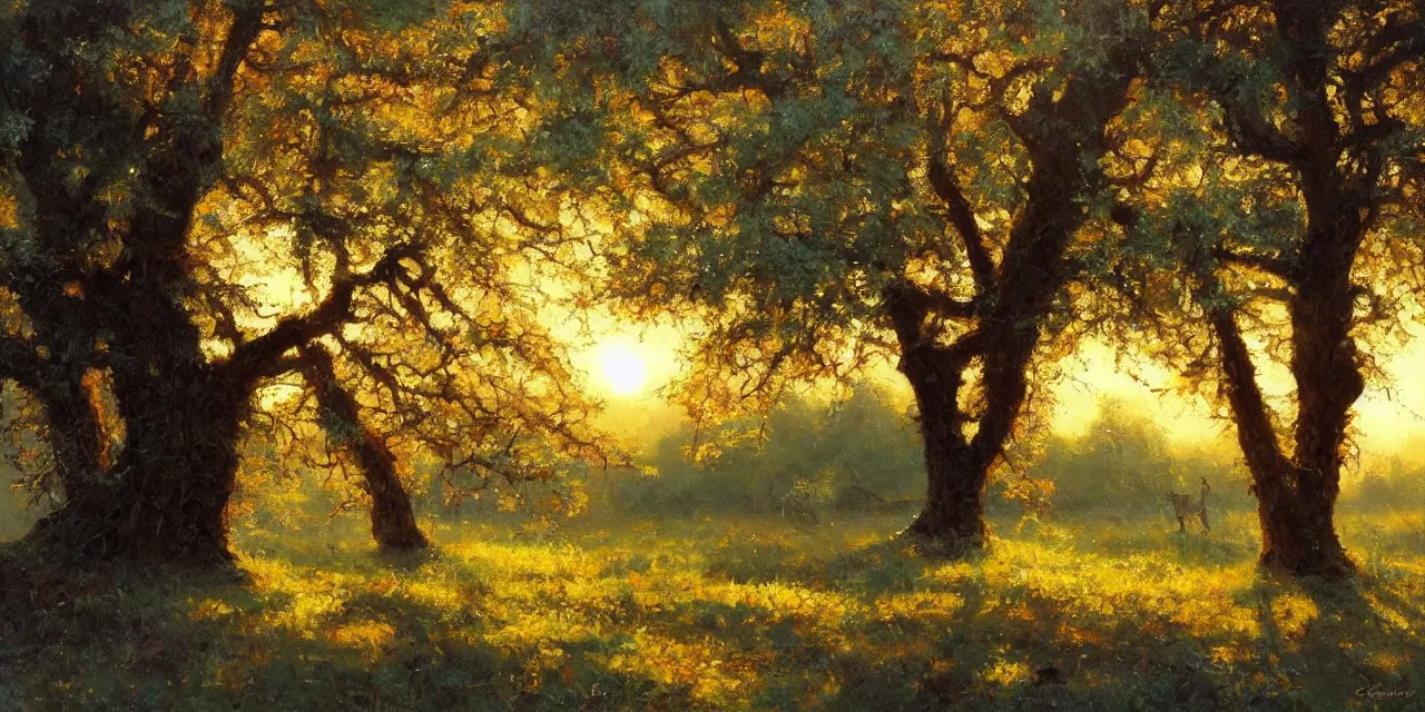 Prompt: a beautiful, stunning oil painting of a landscape with giant oak and alder trees in spring during sunset by craig mullins