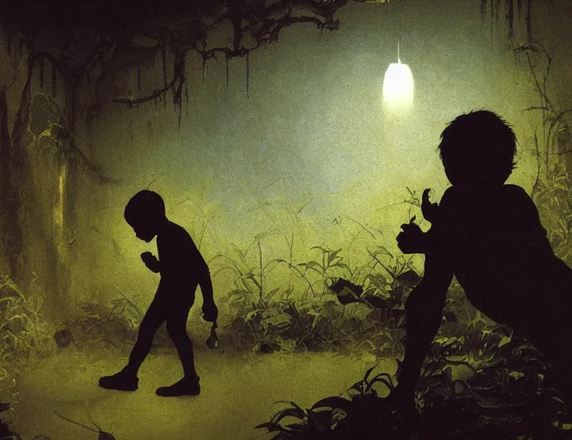 Prompt: a silhouette of boy exploring a dark baroque neoclassicist halls overgrown with colorful swamplife. close - up view, detailed iridescent textures. glowing fog, dark black background. highly detailed fantasy science fiction painting by moebius, norman rockwell, frank frazetta, and syd mead. rich colors, high contrast