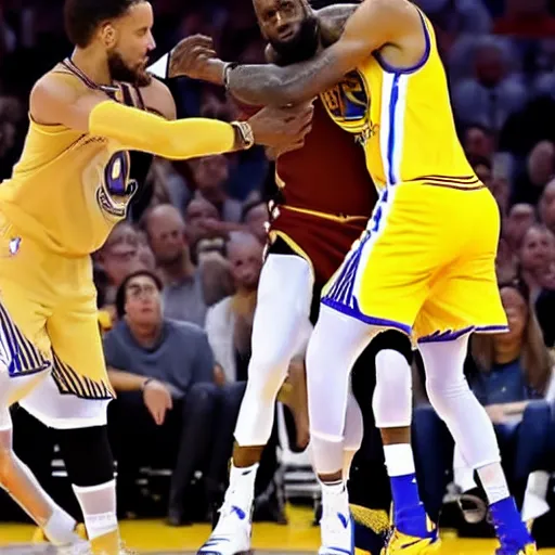 Prompt: lebron james and steph curry fight over a foul at nba