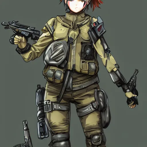 Image similar to anime beautiful female soldier, full round face, full body, post apocalyptic setting, futuristic, medium shot, mid-shot, highly detailed, trending on Artstation