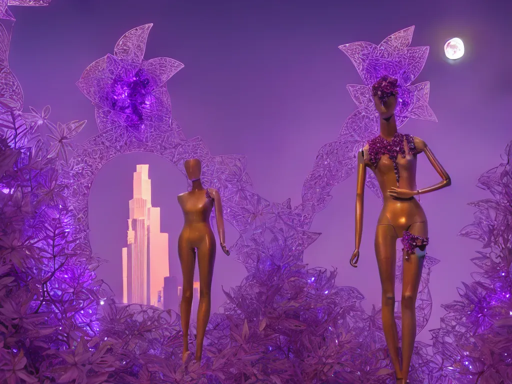 Image similar to beautiful mannequin sculpted out of amethyst by billelis + lit with 3 d geometric neon + facing a doorway opening with neon pink geometric fractal light + flowering hosta plants!!!, moon + city of los angeles in background!! dramatic, rule of thirds, award winning, 4 k, trending on artstation, photorealistic, volumetric lighting, octane render