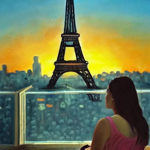 Prompt: a beautiful oil painting of a woman at the eiffel tower looking at a sunset, beautiful, romantic, detailed