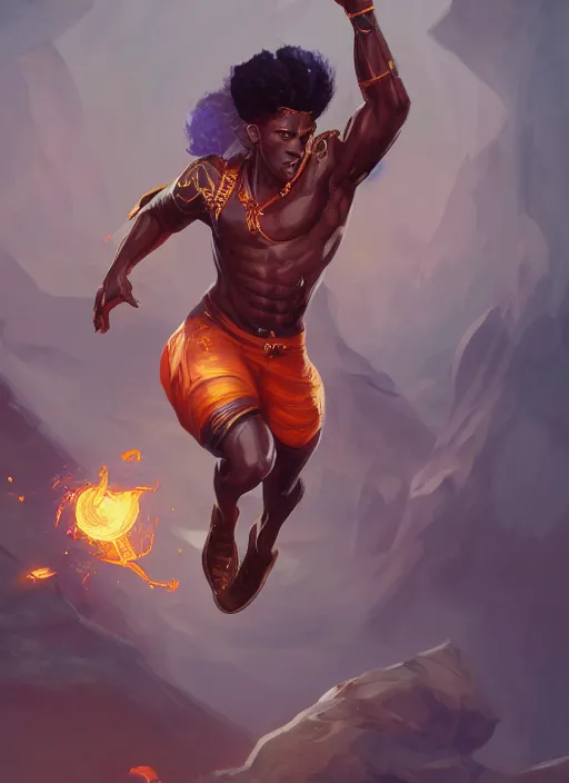 Prompt: a highly detailed illustration of attractive young african fire god with flat top hair, wearing track and field suit, heroic jumping pose, intricate, elegant, highly detailed, centered, digital painting, artstation, concept art, smooth, sharp focus, league of legends concept art, wlop