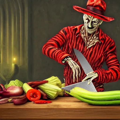 Prompt: ultra realistic digital painting of freddy krueger slicing vegetables with his knives goblet