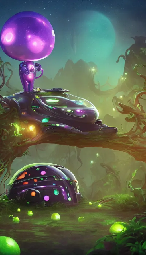 Image similar to A fancy alien car on a magical biome of full of oddities, fireflies, slimes, slimy, goofy, sparkles, fantasy, fantastic, positive vibes, behance, artstation, unreal render, unreal engine 5, realistic, octane, smooth, 8k