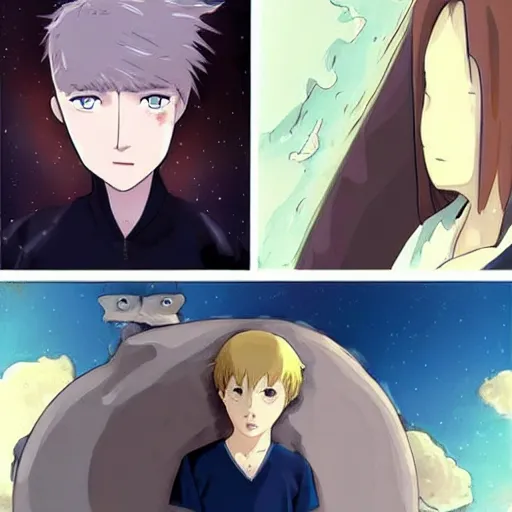 Image similar to Spirited away dark blonde hair guy with blue eyes in space, beautiful