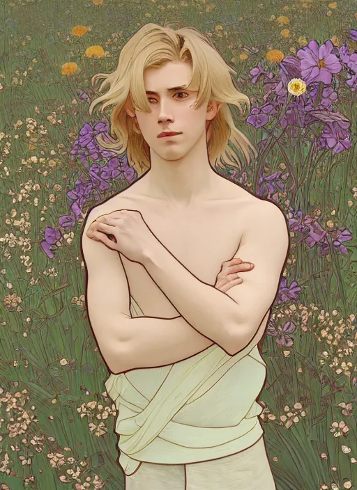 Prompt: pretty young man with shoulder length blond hair, male, half body shot, flower pattern background, path traced, highly detailed, high quality, digital painting, by studio ghibli and alphonse mucha, leesha hannigan, hidari, art nouveau, chiho aoshima, jules bastien - lepage