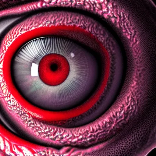 Image similar to a detailed extremely close up of inside the iris, cornea, red image, microscopic, extremely close up drawing by junji ito, cgsociety, generative art, lovecraftian, parallax, cosmic horror, extremely detailed, hyperrealism, unreal engine, octane render, award winning, masterpiece, highly detailed, realistic, 4 k, digital