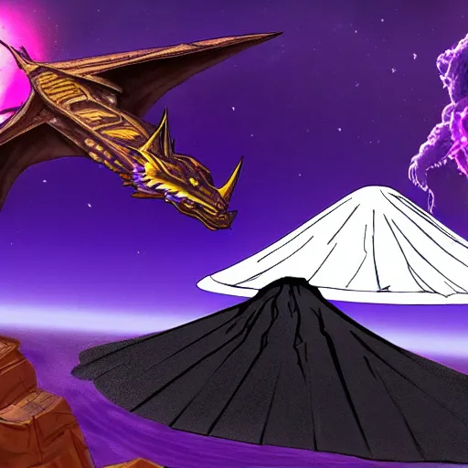 Image similar to a purple dragon fighting a retro spaceship with a volcano in the background, concept art