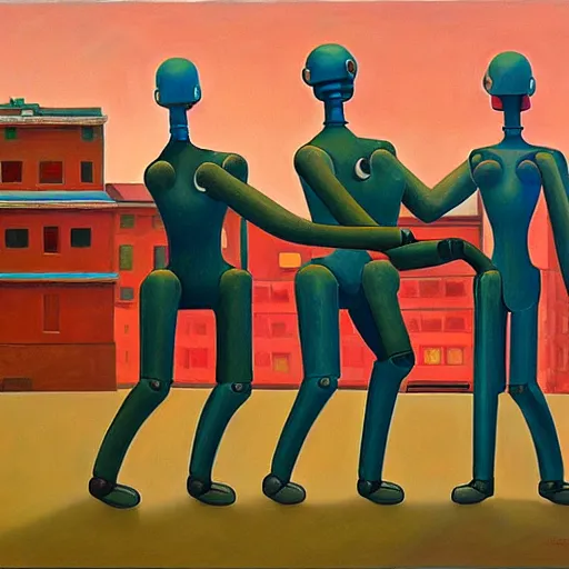 Prompt: robot tug of war, dystopian, pj crook, edward hopper, oil on canvas