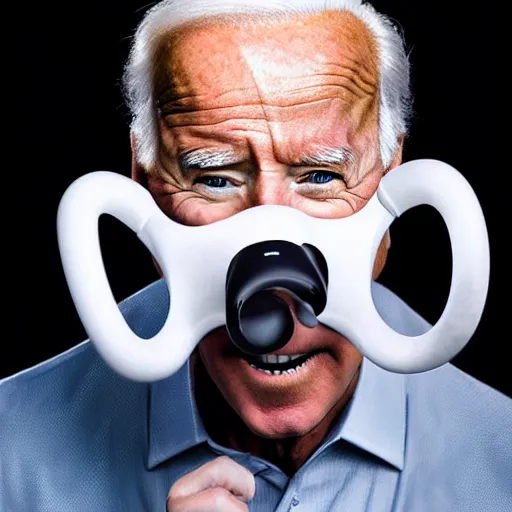 Prompt: uhd candid photo of cosmic joe biden wearing a rubber muzzle, with accurate face, real rubber muzzle, uhd, studio lighting, correct face, photo by annie leibovitz