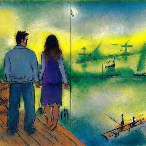 Image similar to a beautiful computer art of a man and a woman are standing on a dock, looking out at a body of water. the woman has her hand on the man's shoulder, and they appear to be deep in conversation. the colors in the computer art are muted, and the scene has a calming feeling. by bruce munro, by marc chagall natural, weary