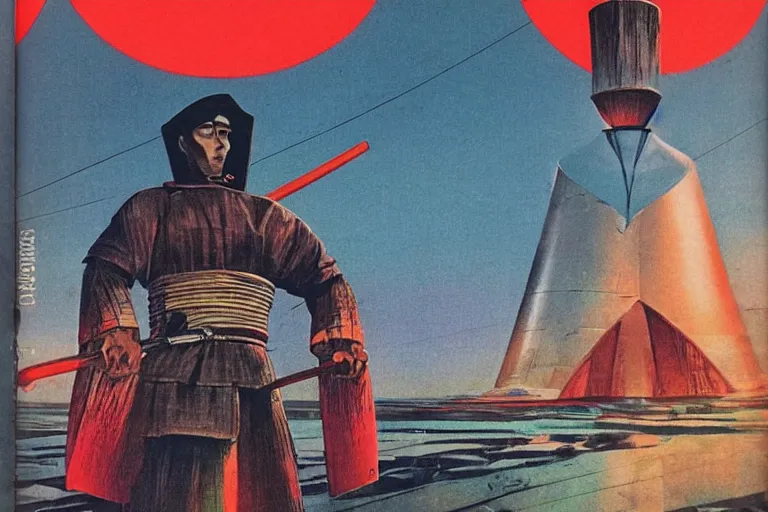 Prompt: 1979 OMNI Magazine Cover of a a samurai in a conical hat. in cyberpunk style by Vincent Di Fate