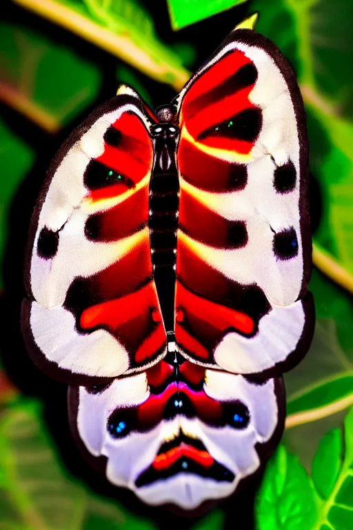 Image similar to high quality macro photo iridescent cecropia moth! jeweled gorgeous! highly detailed concept art david ligare elson peter cinematic neon lighting high quality low angle hd 8k sharp shallow depth of field