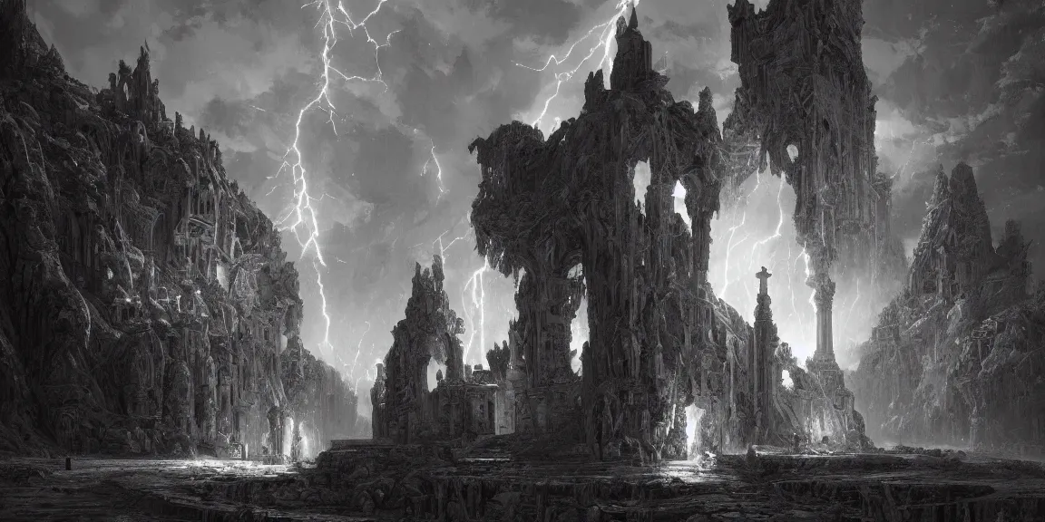 Image similar to the holy castle of Zeus, electrified, lightning-based, with statues, hyperdetailed, artstation, cgsociety, by greg rutkowski, by Gustave Dore, Deviantart