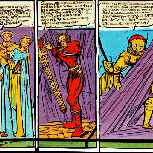 Prompt: a comic strip from medieval age, focused, detailed, sharp edges, by jack kirby, by artgem