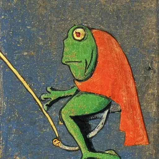 Image similar to knight riding on a frog, medieval painting