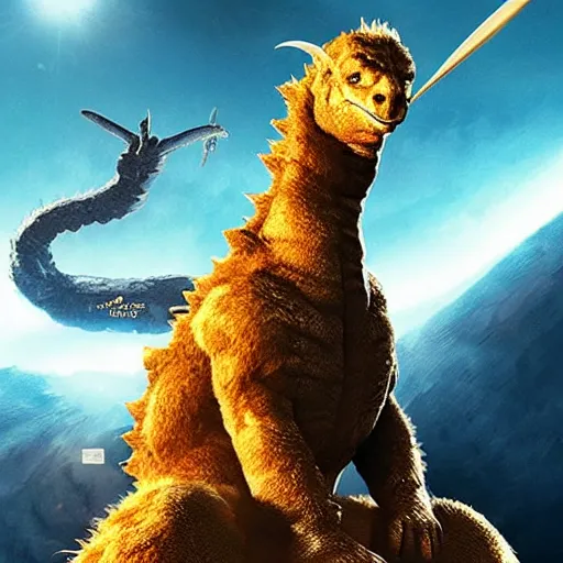 Image similar to movie poster of dwayne johnson with a baseball bat fighting king ghidorah outside a space station