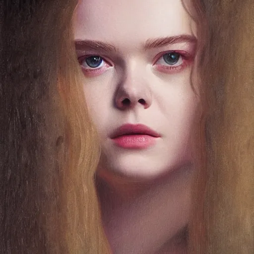 Prompt: Elle Fanning in the style of Paola Vetri, head and shoulders portrait, stormy weather, extremely detailed masterpiece, oil on canvas, low-key neon lighting, artstation, Beyond the Black Rainbow, Roger Deakin’s cinematography, by J. C. Leyendecker and Peter Paul Rubens and Edward Hopper and Michael Sowa,