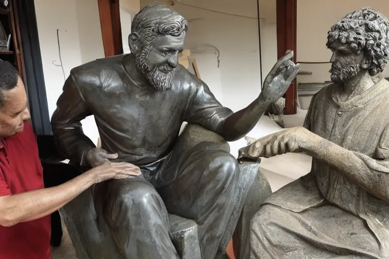 Image similar to a man who is sitting upright in a chair is touching a completed statue