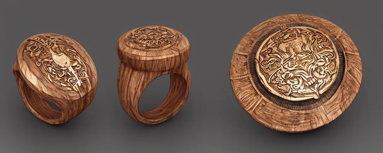 Image similar to wooden ring with a shield ornament, ring, wood, steel, shield, detail, smooth shank, engravings, product design, jewelry, art by gerald brom, greg rutkowski and artgerm and james jean and zdzisław beksinski, 8 k, unreal engine, c 4 d