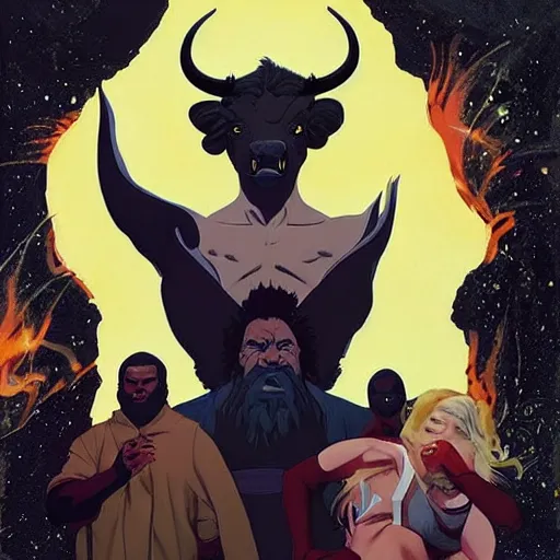 Image similar to Joshua Middleton comic art, A large black bison with fiery eyes, Bison God, Ancient, a scene from the TV show, American Gods