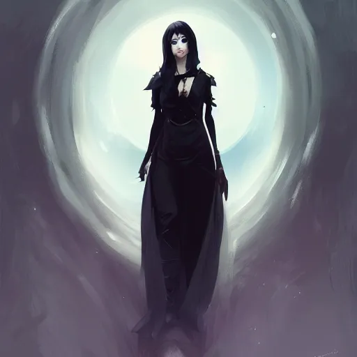 Image similar to female human vampire witch in the style of greg rutkowski, makoto shinkai, trending on artstation, character design, concept art, pretty face, highly detailed, long black hair, portrait, digital art