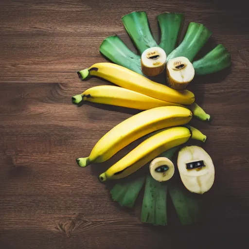 Image similar to professional photograph of banana ducks, peeled bananas with googly eyes and duck beaks