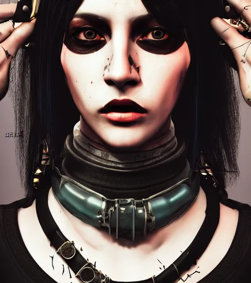 Image similar to detailed realistic female character cyberpunk wearing thick steel collar around neck, realistic, art, beautiful, 4K, collar, choker, collar around neck, punk, artstation, detailed, female, woman, choker, cyberpunk, neon, punk, collar, choker, collar around neck, thick collar, tight around neck, punk, choker