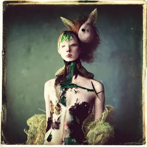 Image similar to damaged kodak portra 4 0 0, wetplate, photo of a surreal artsy dream scene,, very beautiful model, weird fashion, grotesque, extravagant dress, strange pose, carneval, with an animal, wtf, photographed by paolo roversi style