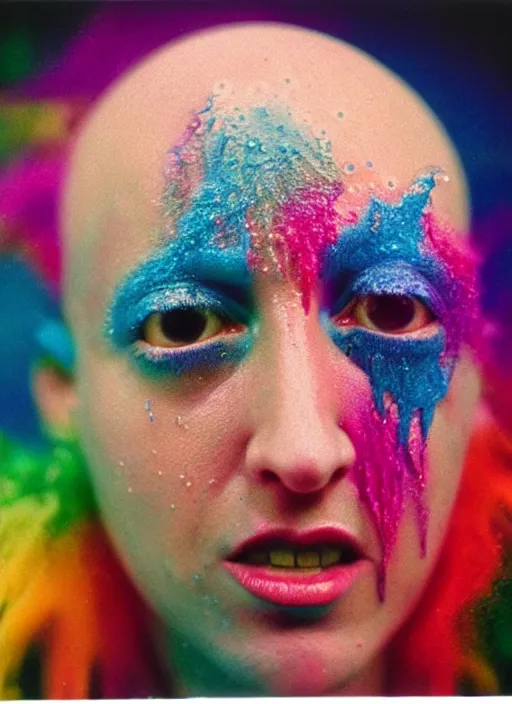 Prompt: detailed color analog medium format photo made by harmony korine, polaroid closeup photo of weird bald hag getting splashed by colorful water in studio while her third eye opens, rim light, shot with a camera flash, high production value, intricate details, hyperrealistic, photorealistic, high definition, award - winning photography, masterpiece