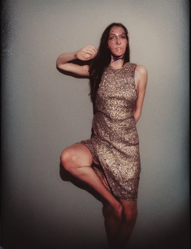 Image similar to conceptual polaroid photo with flash, portrait of a woman in glitter dress, polaroid photo strong lights, kodak film stock, hyper real, stunning moody cinematography, with anamorphic lenses, by maripol, detailed