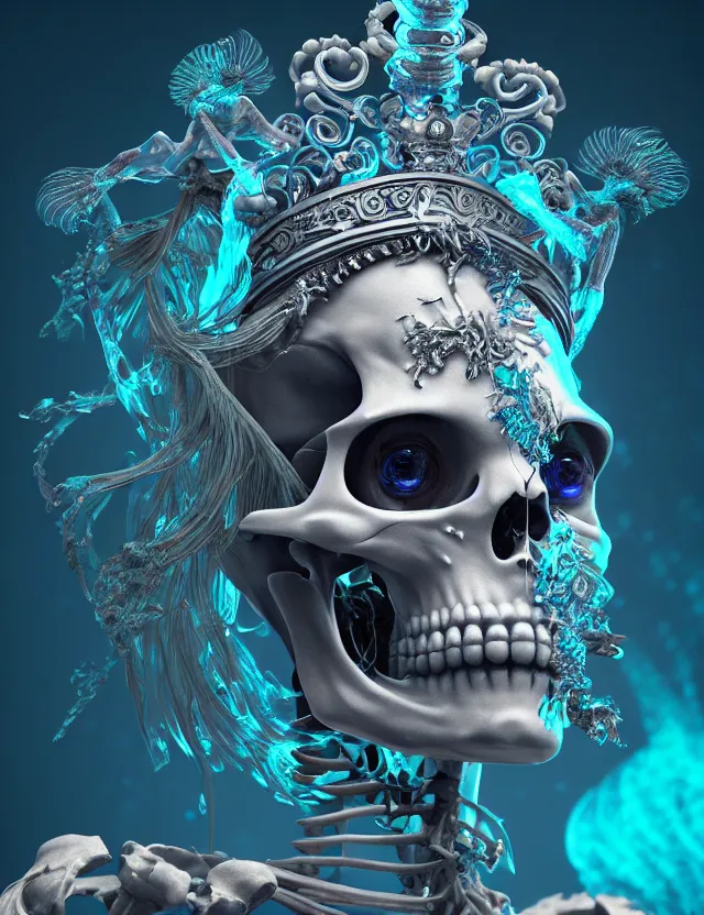 Image similar to 3 d goddess skeleton macro close - up portrait with crown made of ram skull. betta fish, jellyfish phoenix, bioluminiscent fire, plasma, ice, water, wind, creature, super intricate ornaments artwork by tooth wu and wlop and beeple and greg rutkowski