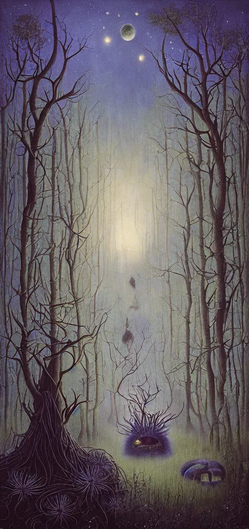 Prompt: painterly dreamy Kupala Night in the blue forest with trees, giant eyes in the grass, giant flowers, glowing owls, deers, women, lianas, thistles, giant fantasy creatures, a stream and sky with moon and stars by Beksinski, Alex Grey, Aron Wiesenfeld and Giger dark fantasy, witcher, very detailed oil painting in the alla prima style, masterpiece, 8k