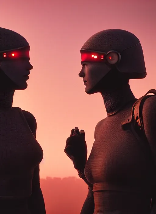 Prompt: cinestill 5 0 d photographic portrait by steve mccurry of two loving female androids wearing rugged black mesh techwear on a desolate plain with a red sky, extreme closeup, dust storm, 8 k, hd, high resolution, 3 5 mm, f / 3 2, ultra realistic faces, cyberpunk 2 0 7 7, ex machina