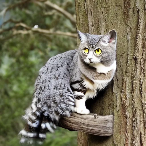 Prompt: cat and owl hybrid perched on a tree