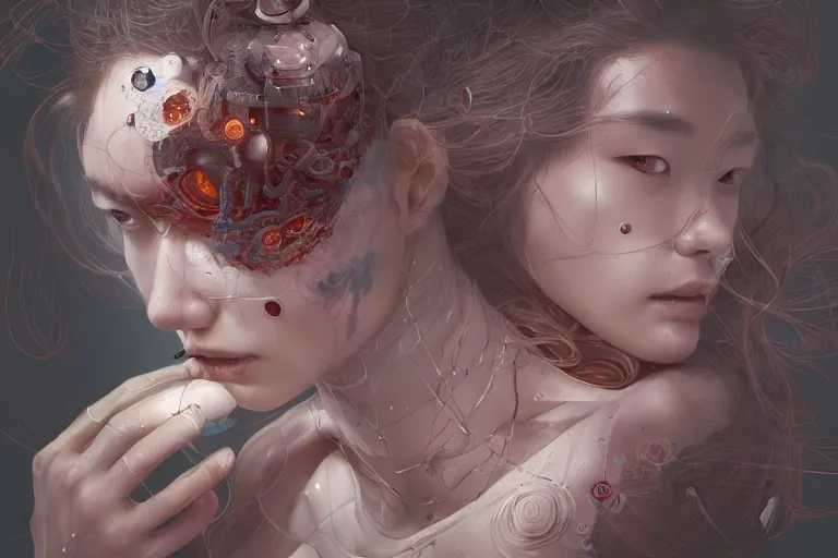 Prompt: hyperrealistic photography of a machine entering female human host in the style of Jin Kagetsu, James Jean and wlop, highly detailed, sharp focus, intricate concept art, digital painting, ambient lighting, 4k, artstation