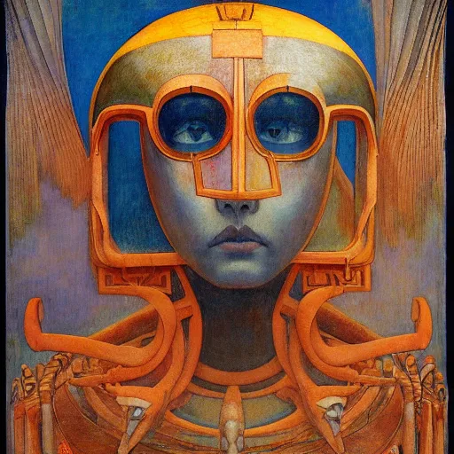 Prompt: the robot queen wearing her bird mask, by annie swynnerton and diego rivera and elihu vedder and jean delville, symbolist, dramatic lighting, elaborate geometric ornament, head and shoulders view, art brut, soft cool colors, smooth, sharp focus, extremely detailed, adolf wolfli, leo and diane dillon, nicholas roerich