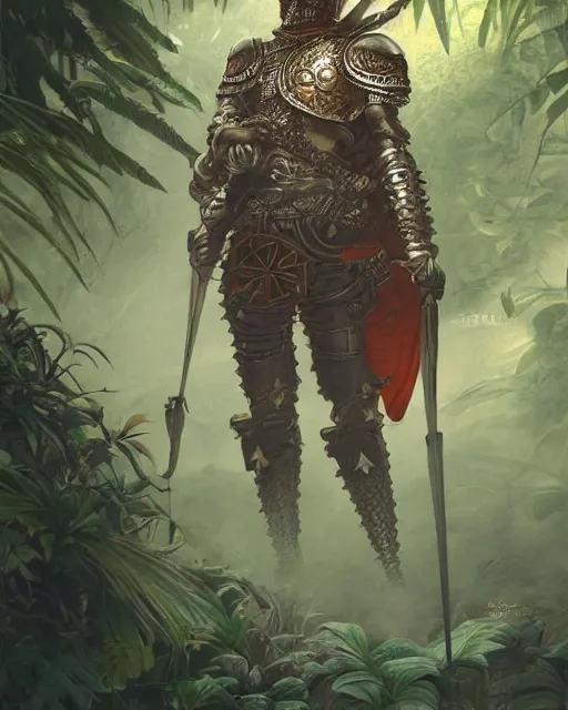 Prompt: ultra realistic illustration of a spanish conquistador wearing ornate armor in a dense foggy jungle environment by artgerm and miyazaki, octane, studio ghibli color scheme, intricate, portrait, anatomy, artstation, cinematic lighting, sharp focus