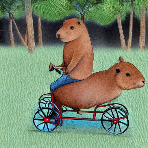 Prompt: capybara riding a tricycle, digital art